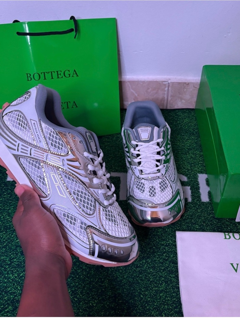 Bottega Veneta White, Silver & Green Mesh Runner Sneakers